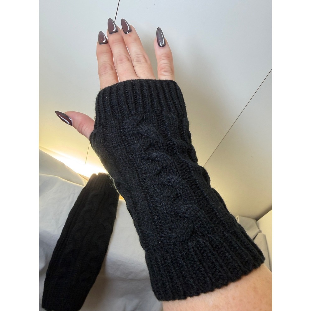 Black Cable Knit Fingerless Gloves Arm Warmers Winter Hand Warmers One Size